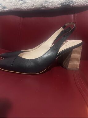Cole Haan Black Leather Slingback Block Heel with Stacked Wood Finish